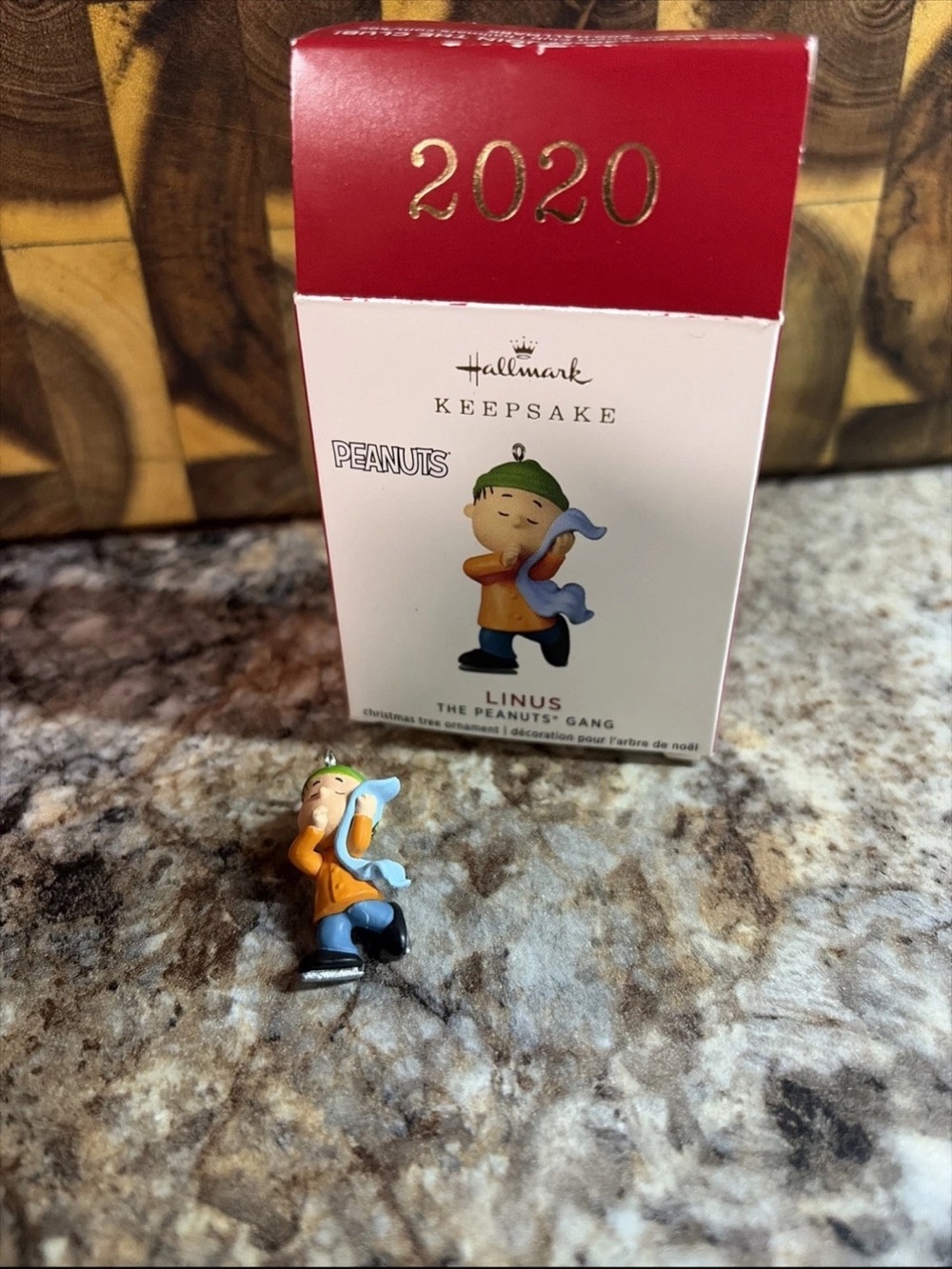 Hallmark Linus Peanuts Figurine Ornament - Green Hat, Orange Coat, Blue Blanket